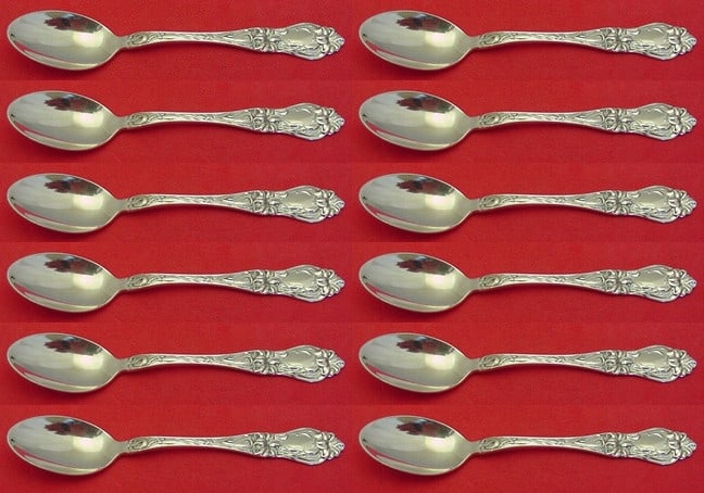 Frank Whiting Lily Sterling Silver Demitasse Spoon Set of 12 pcs 4 1/4 in: Frank Whiting Lily Sterling Silver Demitasse Spoon Set of 12 pcs 4 1/4 in This exquisite set of 12 demitasse spoons features the elegant Lily pattern by Frank Whiting. Each spoon is crafted from high-