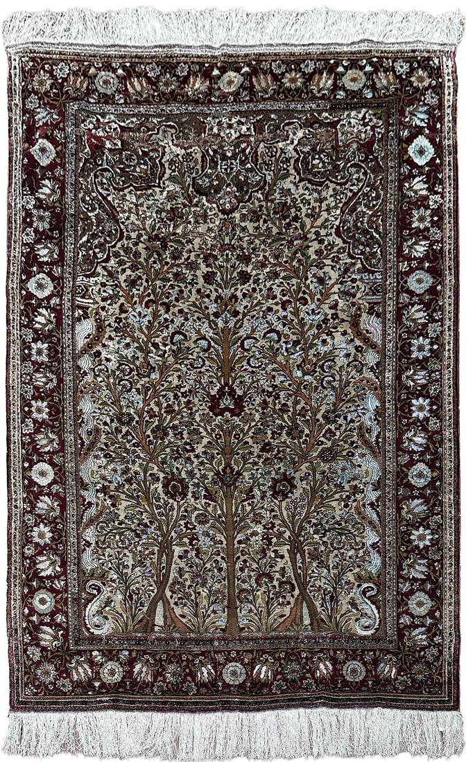 122 x 206 cm Turkish Hereke Tree of Life Silk Rug c 1880: 122 x 206 cm Turkish Hereke Tree of Life Silk Rug c 1880 Antique Turkish Hereke rug with a Tree of Life floral design and fine tapestry quality. Hand-knotted and handmade, this original piece dates to