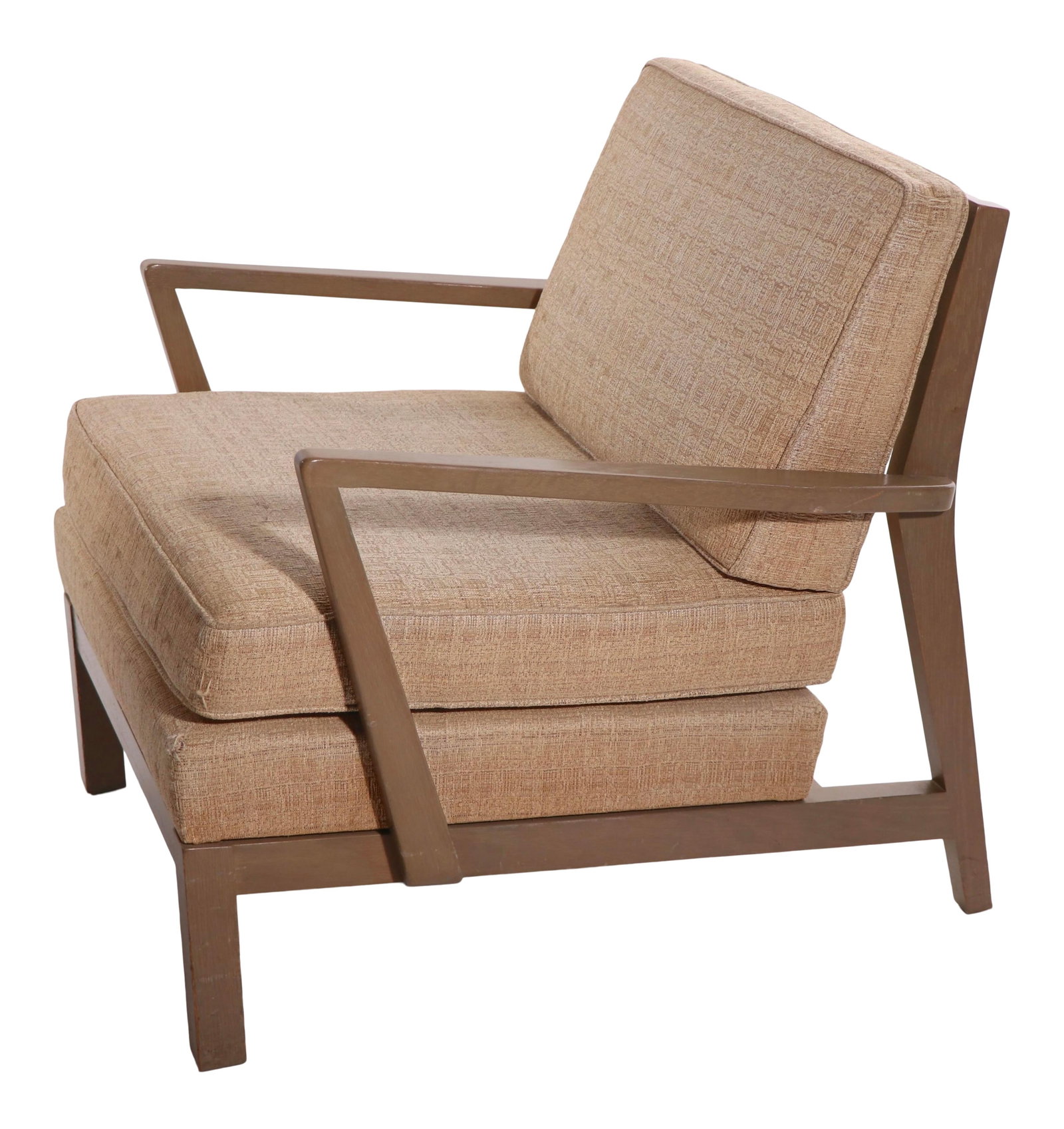 Mid Century Grand Rapids Lounge Chair Solid Wood Frame Tan Fabric: Mid Century Grand Rapids Lounge Chair Solid Wood Frame Tan Fabric This striking Mid Century lounge chair, crafted by Grand Rapids Chair Company (later known as Baker Furniture), features a dramatic an