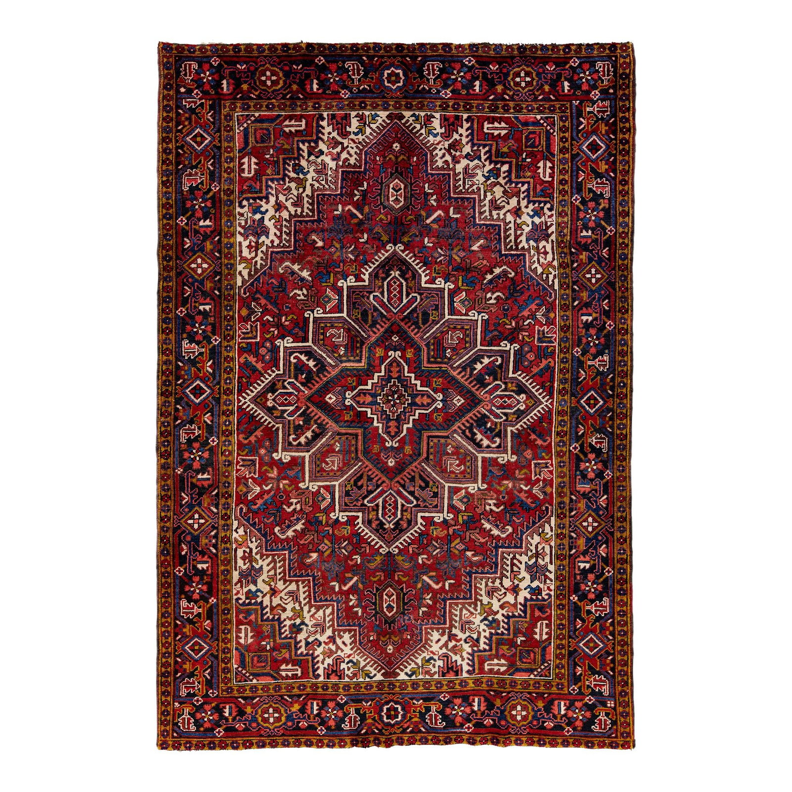 Vintage Handmade Heriz Red Medallion Wool Rug 7'10 X 11'3: Vintage Handmade Heriz Red Medallion Wool Rug 7'10 X 11'3 Discover the charm of this beautiful Vintage Handmade Heriz Wool Rug, featuring a striking red field adorned with multicolor accents throughou