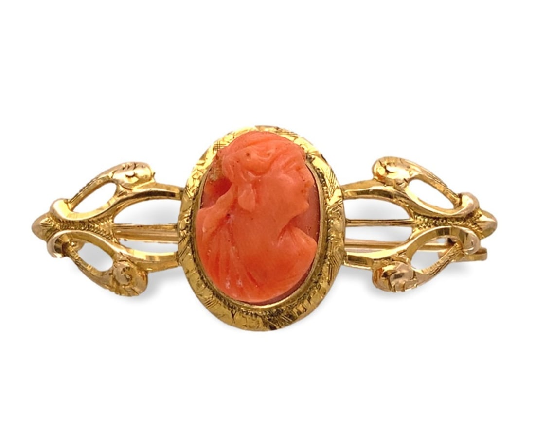 Victorian Era 10k Yellow Gold Coral Cameo Bar Pin with Hand Engraving (1 of 9)
