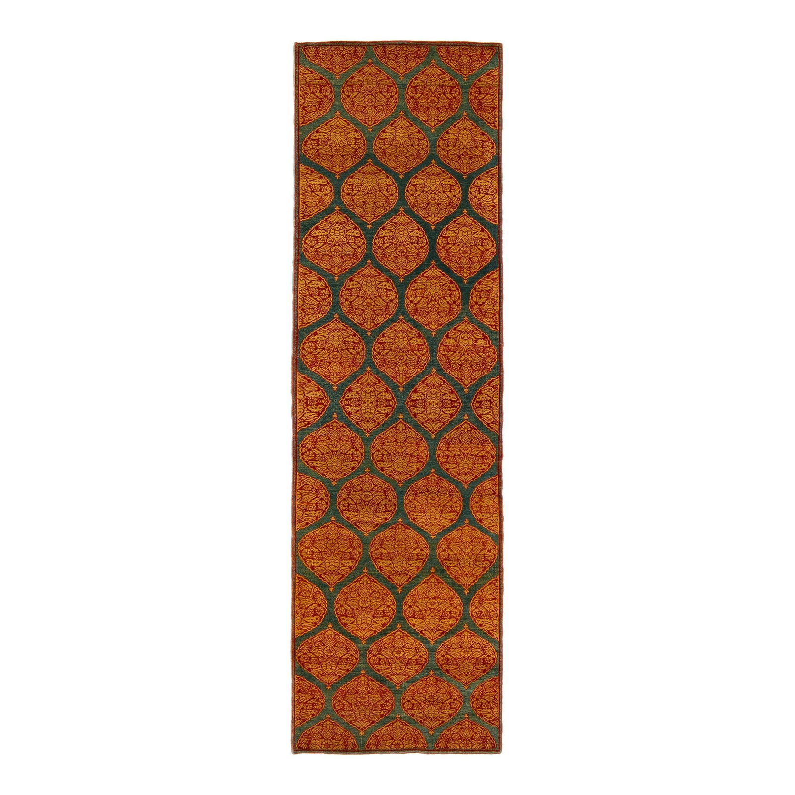 Handmade Blue Sari Silk Runner with Floral Design 3'4 x 11: Handmade Blue Sari Silk Runner with Floral Design 3'4 x 11 Enhance your space with this exquisite blue Sari silk handmade runner rug. Adorned with rust and tan accents, it features a stunning all-over