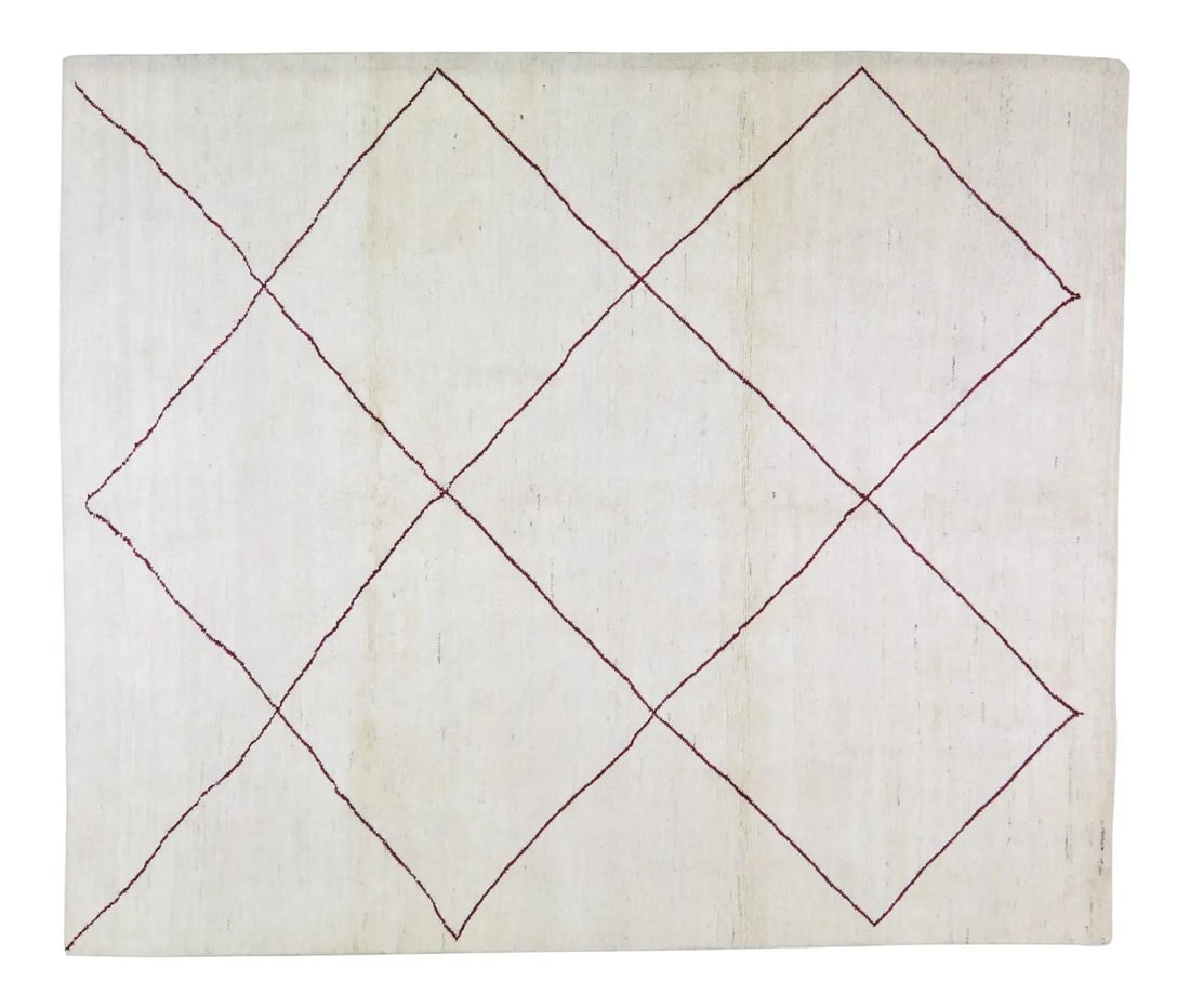 8'5"x10' Beni Ourain Moroccan wool rug off white: 8'5"x10' Beni Ourain Moroccan wool rug off white Hand-knotted Moroccan Beni Ourain rug in off-white wool with natural colors, a soft texture, and a contemporary style. Pre-owned. Specifications Item T