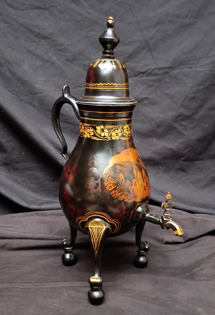 15.75 Antique Pewter Samovar Hand Painted Gothic Castle Black Gilt Netherlands (1 of 18)