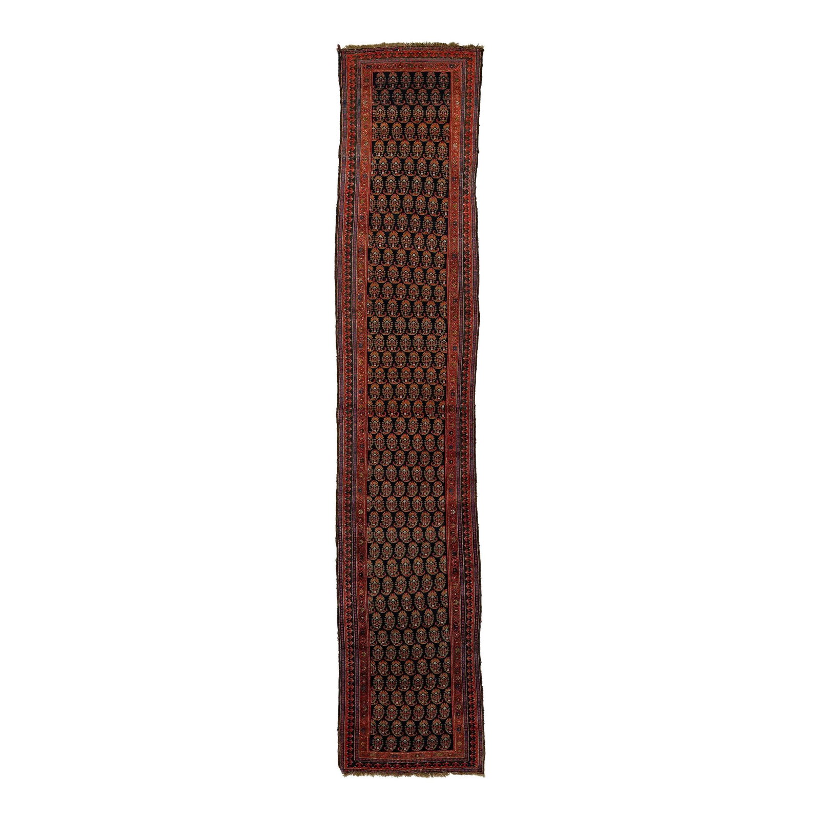 Antique Persian Malayer Wool Runner 1900s Dark Blue Boteh Pattern 3'3 x 16'8: Antique Persian Malayer Wool Runner 1900s Dark Blue Boteh Pattern 3'3 x 16'8 This stunning handmade Persian Malayer wool runner rug from the 20th century showcases a rich dark blue field beautifully c