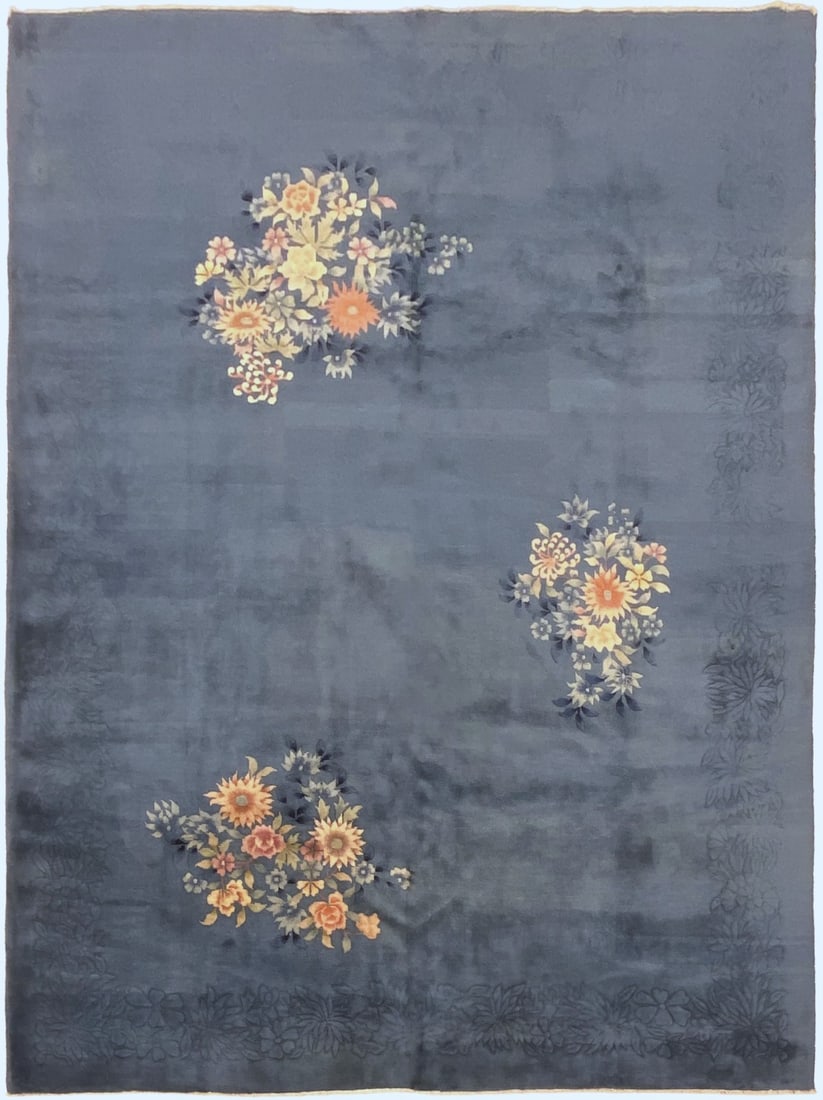 267 cm x 345 cm Blue Chinese Art Deco Floral Wool Rug c. 1930: 267 cm x 345 cm Blue Chinese Art Deco Floral Wool Rug c. 1930 Antique Chinese Art Deco area rug from circa 1930, featuring a scrolling floral pattern in blue, yellow, and antique rose. It is hand-knot