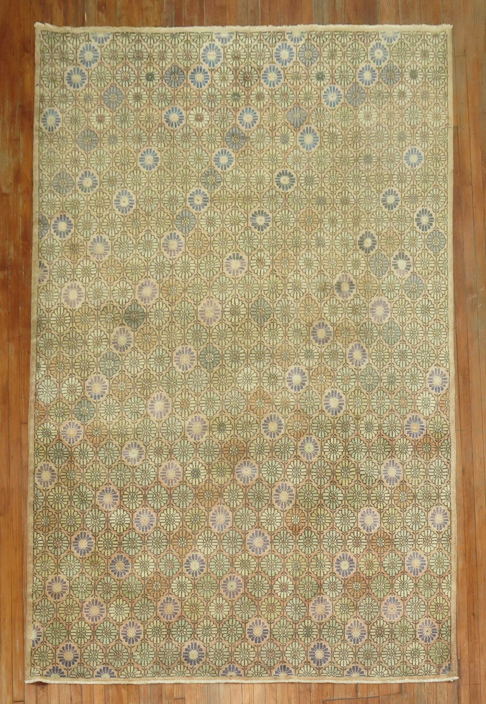 7' 2" x 10' 5" Mid Century Turkish Deco Room Rug: 7' 2" x 10' 5" Mid Century Turkish Deco Room Rug Mid-century Turkish Deco rug with a geometric pattern and floral motifs. This pre-owned area rug offers a classic decorative style suited to a variety 