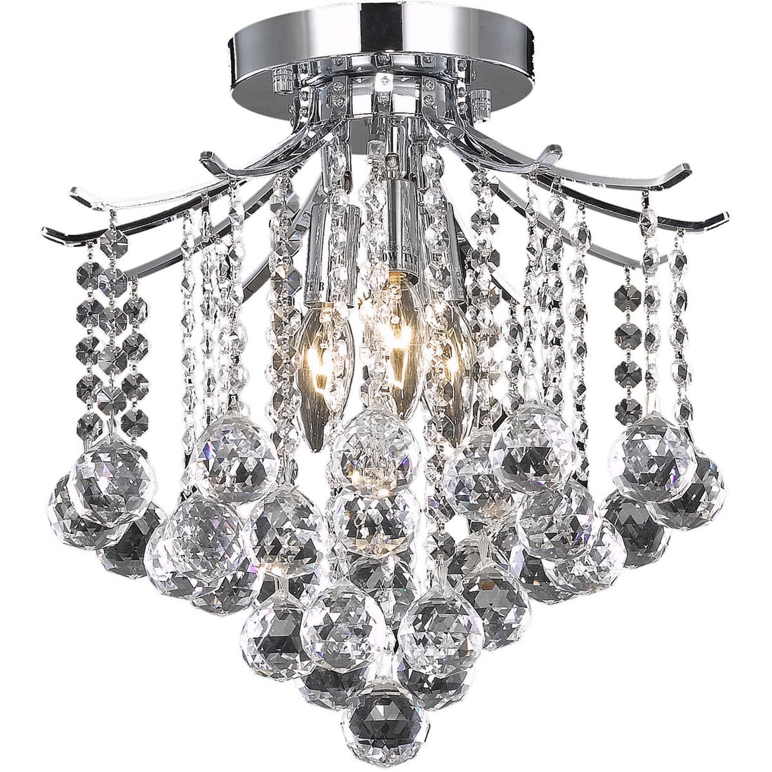 Amelia 3 Light Chrome Flush Mount Crystal Fixture 12 inch: Amelia 3 Light Chrome Flush Mount Crystal Fixture 12 inch This modern flush mount chandelier features a polished chrome finish and is adorned with high-quality royal cut clear crystals. Designed in an