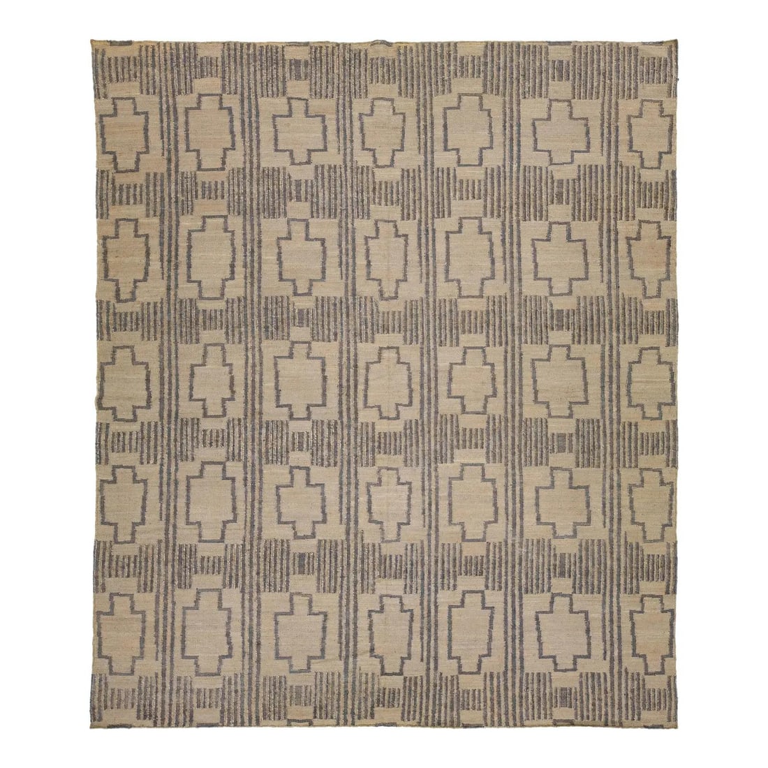 Contemporary Dhurrie Design Tan Beige Jute Rug 12'9 x 15': Contemporary Dhurrie Design Tan Beige Jute Rug 12'9 x 15' Enhance your living space with this stunning flatweave natural jute rug, designed with a modern Dhurrie pattern. The rug features a tan-beige 