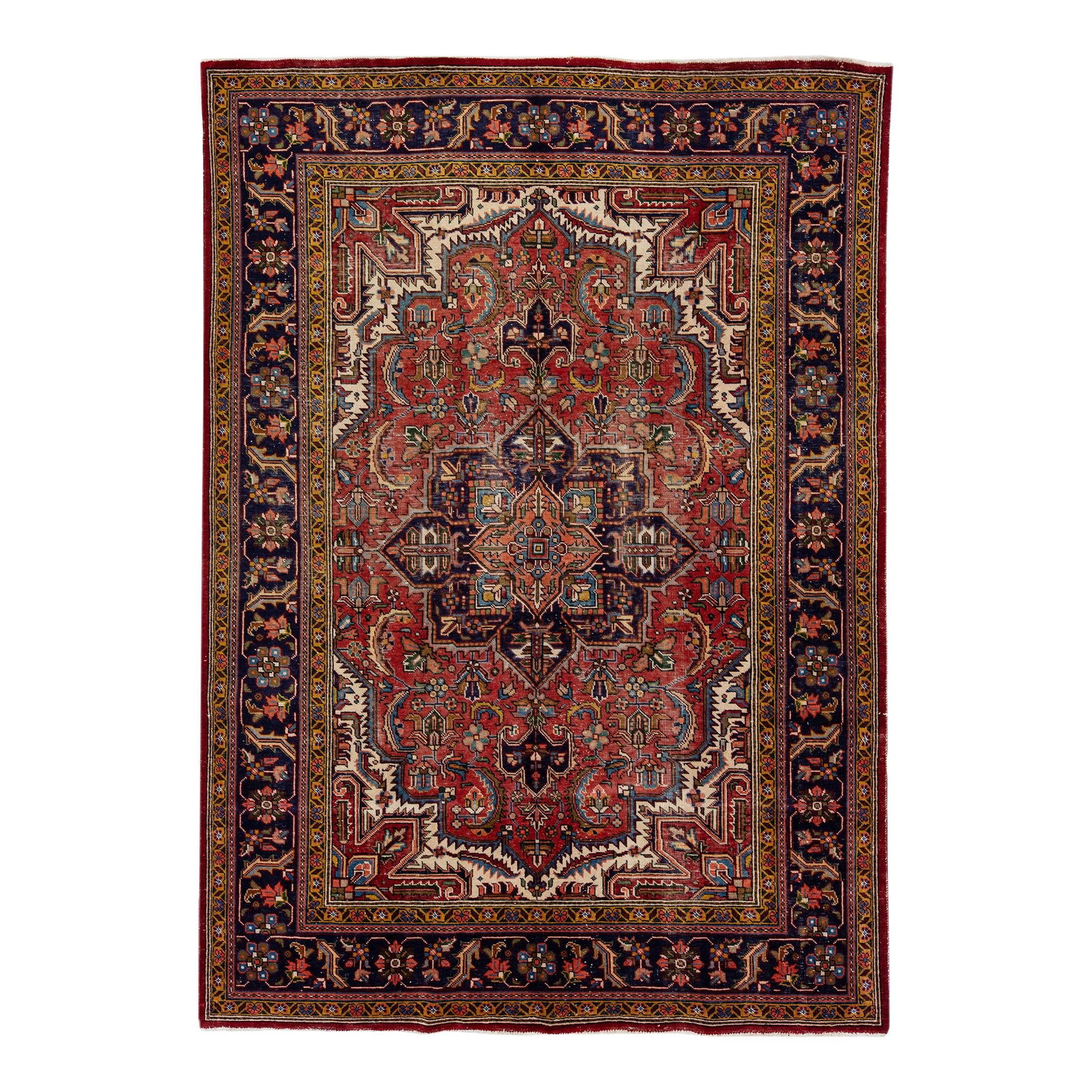 Vintage Persian Heriz Handmade Wool Rug 8' x 11'4 Red Medallion: Vintage Persian Heriz Handmade Wool Rug 8' x 11'4 Red Medallion This exquisite vintage Persian Heriz rug showcases traditional craftsmanship with its hand-knotted wool construction. The striking red c