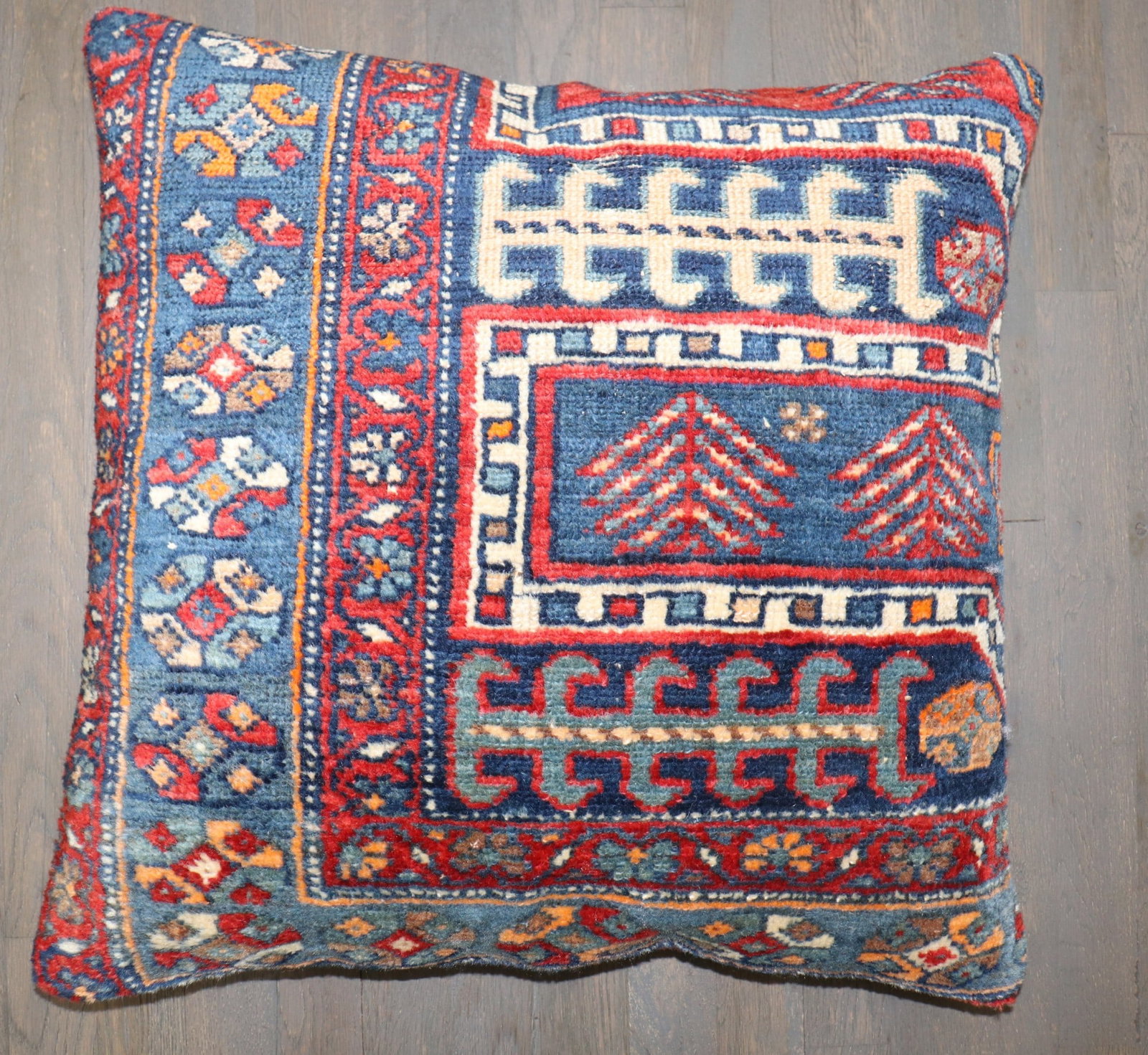 Square Malayer Rug Pillow in Navy 1' 11" x 2': Square Malayer Rug Pillow in Navy 1' 11" x 2' Large square pillow made from an antique Persian Malayer rug in a navy colorway. This pre-owned decorative pillow offers the character of a vintage textil