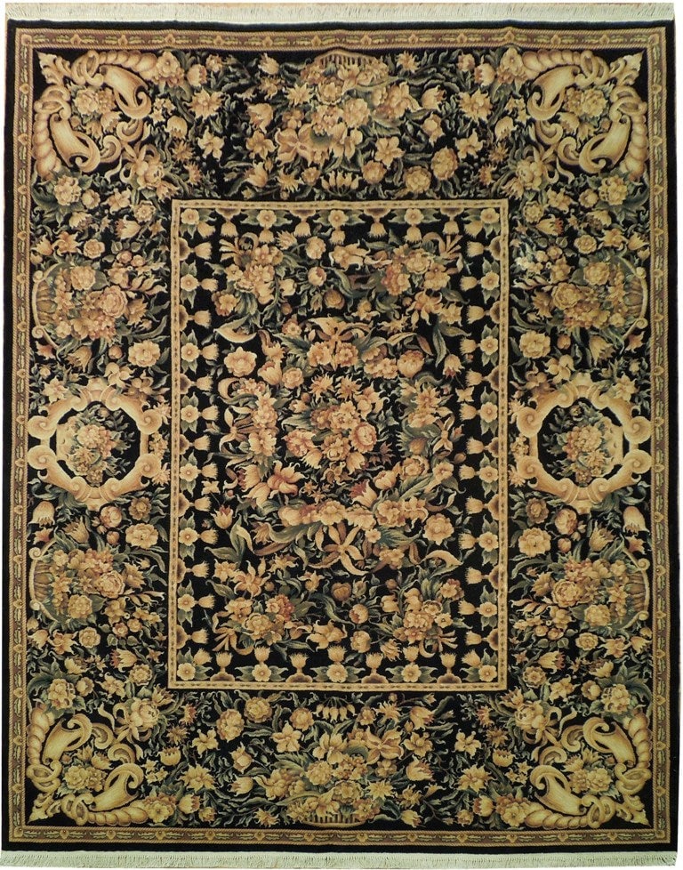 Handmade Black Wool & Silk Rug 7'10 x 9'9 China Premium Quality: Handmade Black Wool & Silk Rug 7'10 x 9'9 China Premium Quality Free continental US Shipping Enhance your living space with this exquisite 7' 10" x 9' 9" black fine quality wool and silk rug. Skillful