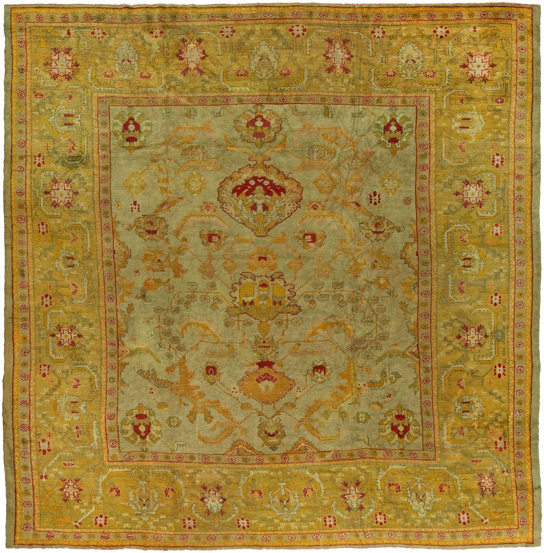 12' x 12' 2" Oushak Square Area Rug circa 1900: 12' x 12' 2" Oushak Square Area Rug circa 1900 Antique square Oushak rug, circa 1900, with a pre-owned condition. The image shows an intricate patterned design with floral and geometric motifs. Specif