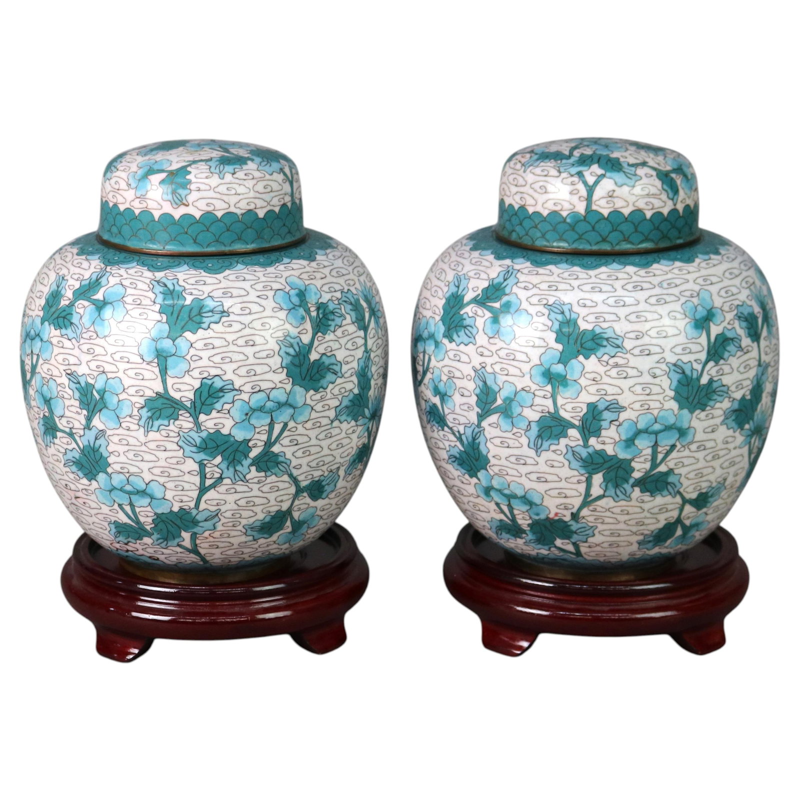 Set of 2 Chinese cloisonne covered floral enamel urns c1930 (1 of 10)