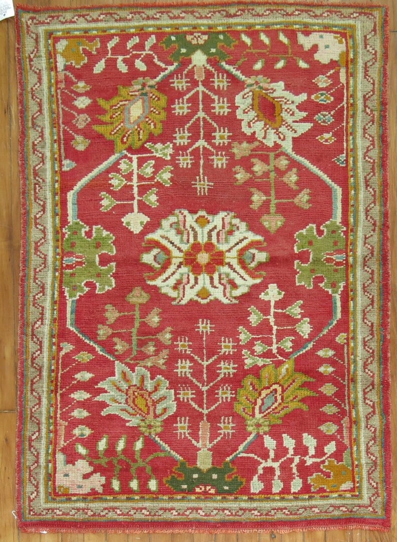 3' 3" x 5' Early 20th Century Turkish Oushak Rug: 3' 3" x 5' Early 20th Century Turkish Oushak Rug Early 20th century antique Turkish Oushak rug with a bright red field and floral design. This small pre-owned rug presents the classic Oushak style in 