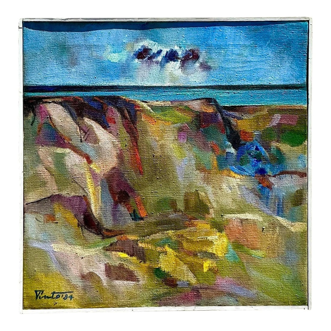 Vintage Boho Original Abstract Landscape Canvas Artwork 19.75" Square: Vintage Boho Original Abstract Landscape Canvas Artwork 19.75" Square This vintage boho abstract landscape painting offers a unique artistic perspective. An original work on canvas, it features a mood