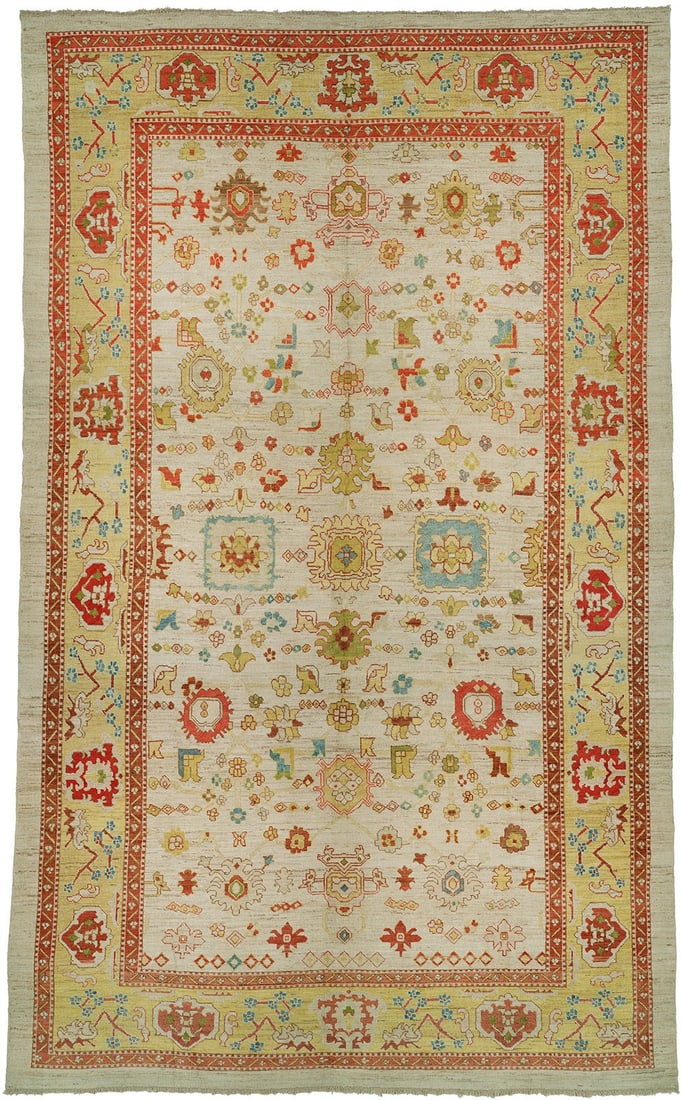 14' 5" x 24' 1" Turkish Oushak Oversize Rug Bone Ground: 14' 5" x 24' 1" Turkish Oushak Oversize Rug Bone Ground Mid 20th century Turkish Oushak rug with a bone color ground and dominant green, yellow, and light blue accents. This oversize piece is describe