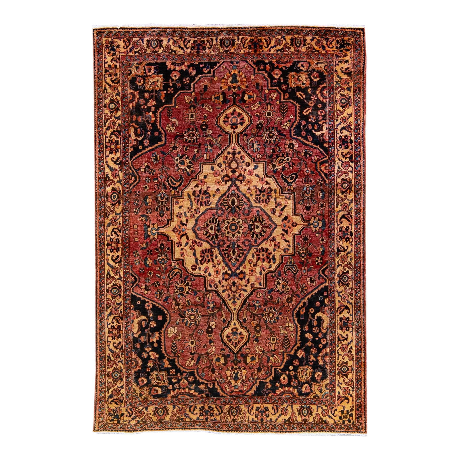1960s Handmade Persian Bakhtiari Wool Rug Red Medallion 6'7 x 10'2: 1960s Handmade Persian Bakhtiari Wool Rug Red Medallion 6'7 x 10'2 Experience the charm of the 1960s with this exquisite handmade Persian Bakhtiari wool rug. Featuring a vibrant multi-colored medallio