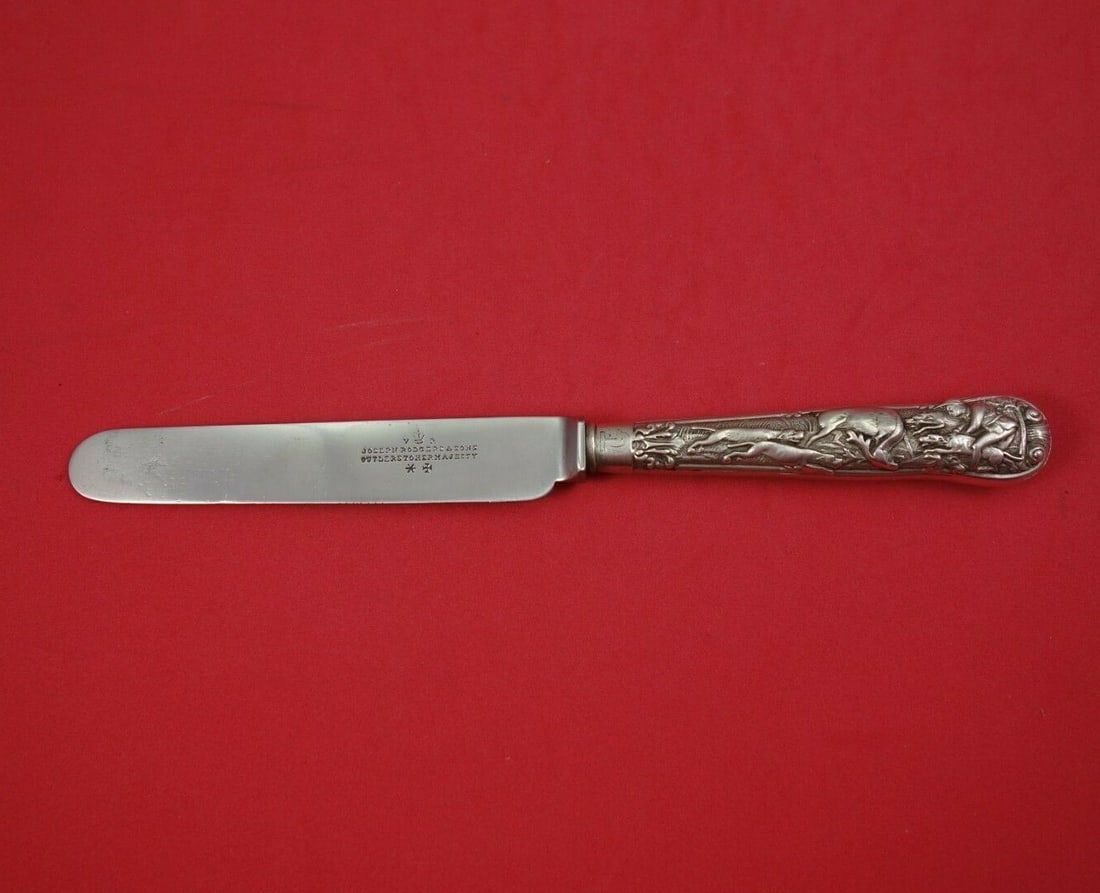George Adams Sterling Silver Stag Hunt Dessert Knife Monogrammed TG: George Adams Sterling Silver Stag Hunt Dessert Knife Monogrammed TG This exquisite luncheon/dessert knife features the elegant 'Stag Hunt' pattern by George Adams. Crafted in sterling silver with a ho