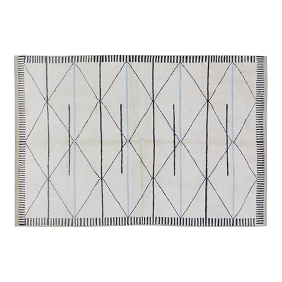 Geometric Wool Area Rug 5' x 7'5" Hand Knotted Azilal Moroccan: Geometric Wool Area Rug 5' x 7'5" Hand Knotted Azilal Moroccan This Moroccan Azilal hand-knotted wool rug features a striking geometric design in white. Crafted from wool, it offers a unique blend of 