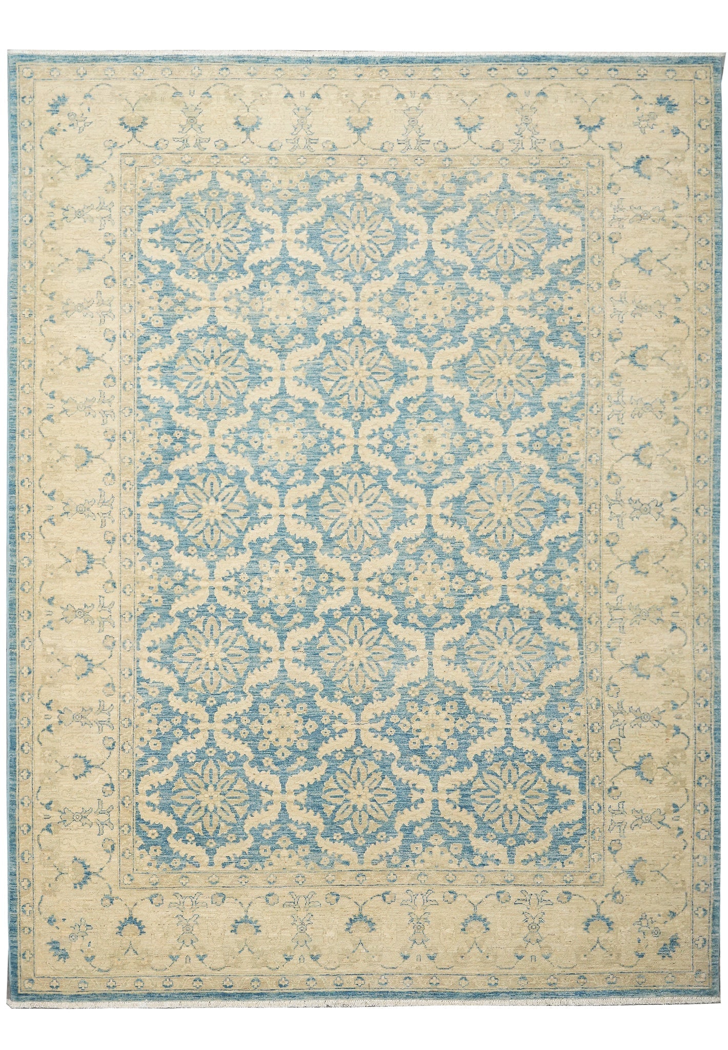6 x 8 Light Blue Natural Wool Chobi Peshawar Rug: 6 x 8 Light Blue Natural Wool Chobi Peshawar Rug Free continental US Shipping Handmade-style transitional Chobi Peshawar Zigler rug in a light blue color palette with an intricate floral pattern. Craf