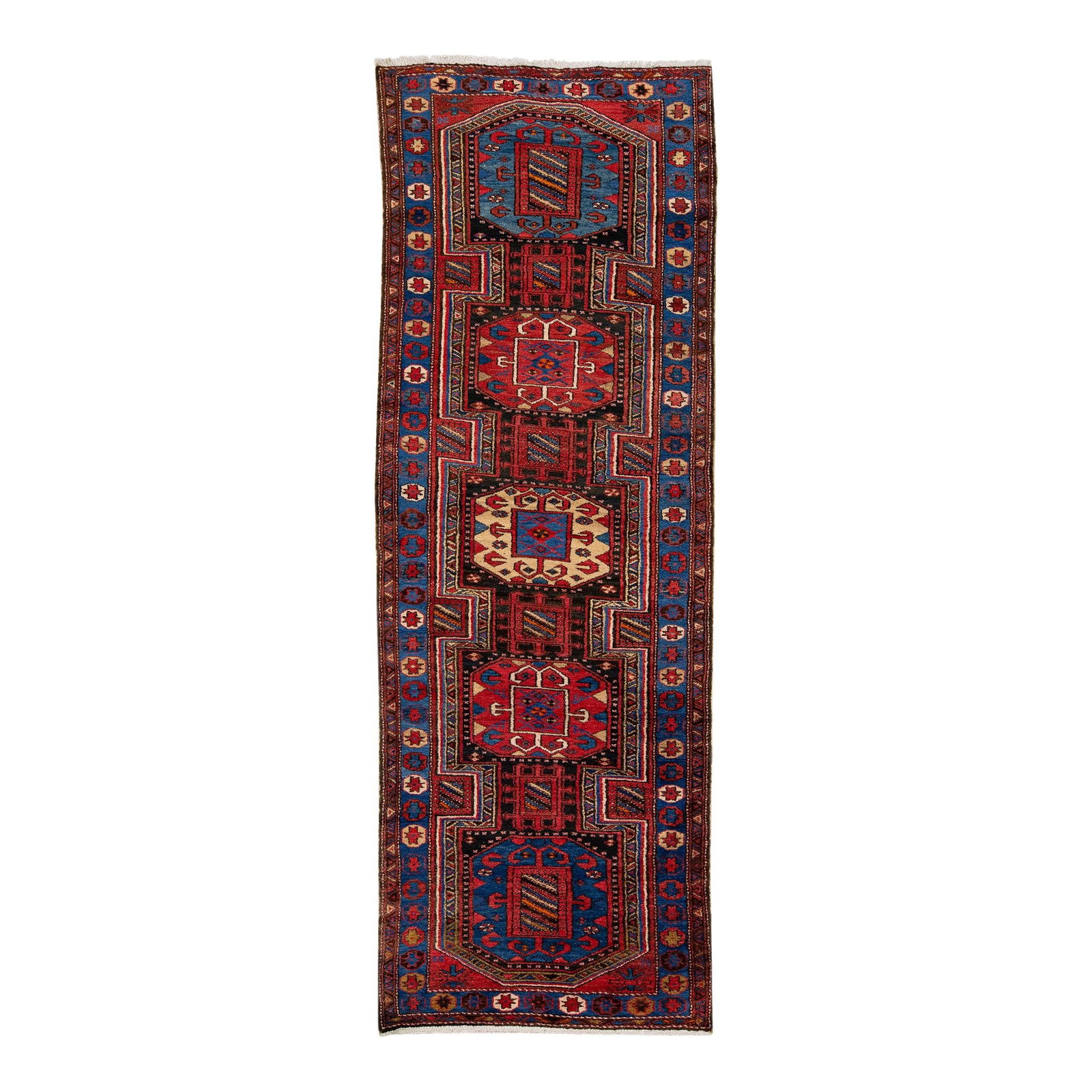 Modern Pakistan Kazak Wool Runner Blue Tribal Design 3'5" x 10': Modern Pakistan Kazak Wool Runner Blue Tribal Design 3'5" x 10' Enhance your space with this stunning modern Pakistan Kazak hand-knotted wool runner. Featuring a captivating blue field adorned with mu