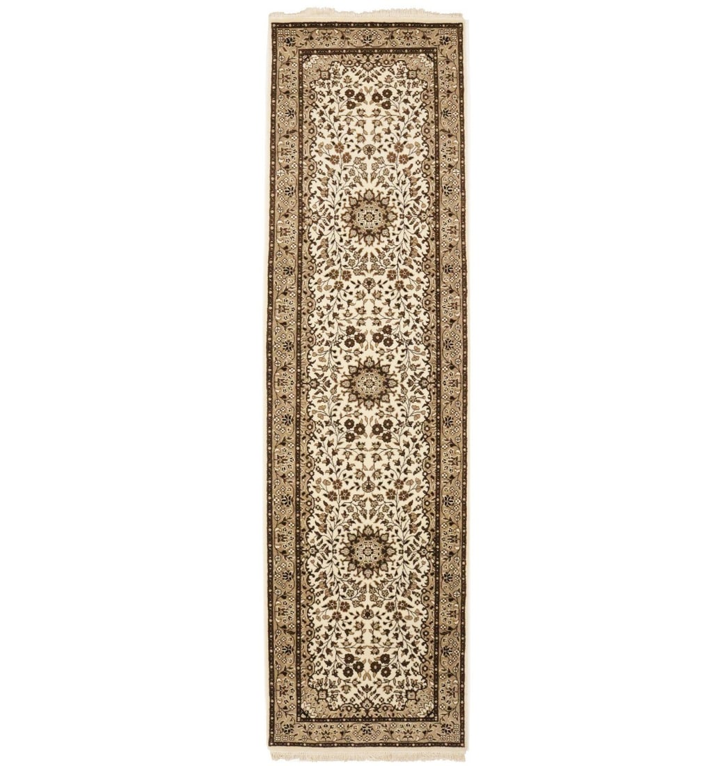 Hand-Knotted Wool Kirman Runner 2'8 x 9'10 Floral Oriental: Hand-Knotted Wool Kirman Runner 2'8 x 9'10 Floral Oriental This 3x10 hand-knotted Kirman wool runner features a floral oriental pattern in cream, beige, brown, and black tones. Expertly crafted using 