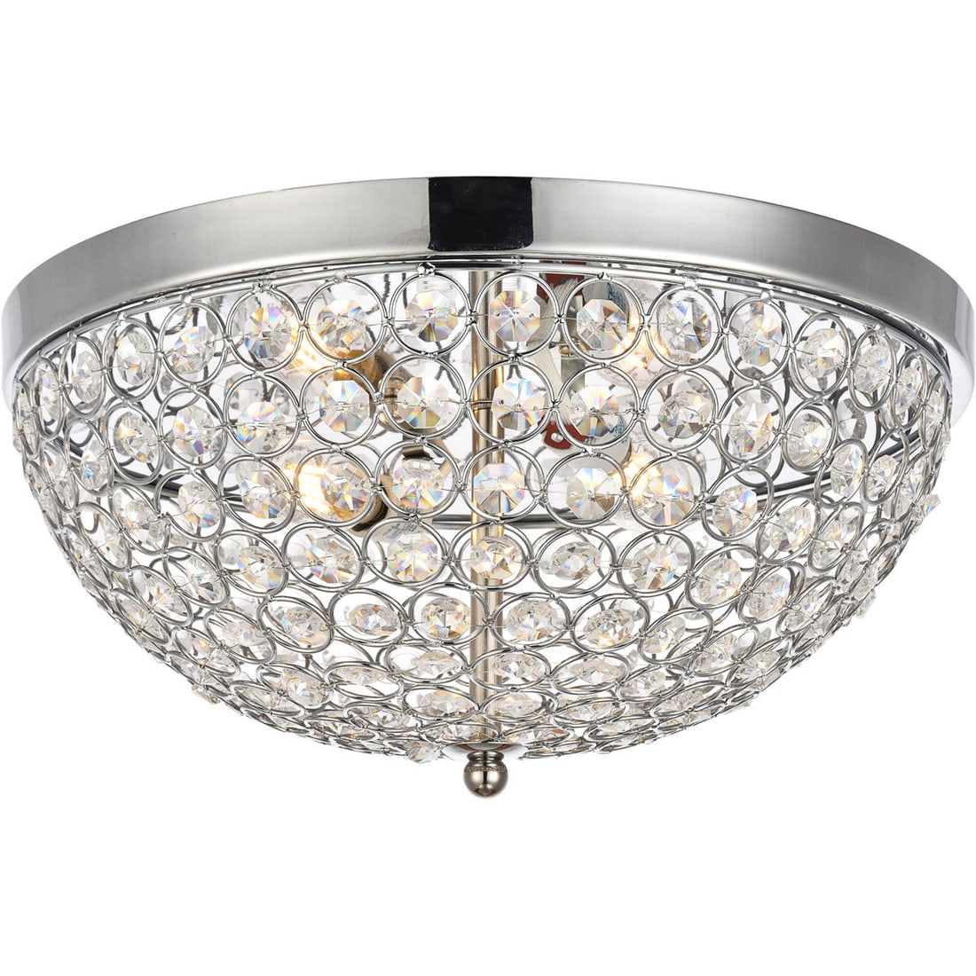Living District Taye 3-Light Chrome Crystal Flush Mount: Living District Taye 3-Light Chrome Crystal Flush Mount This modern flush mount chandelier features a polished chrome finish with a semicircular iron shade adorned with rows of open circles and facete