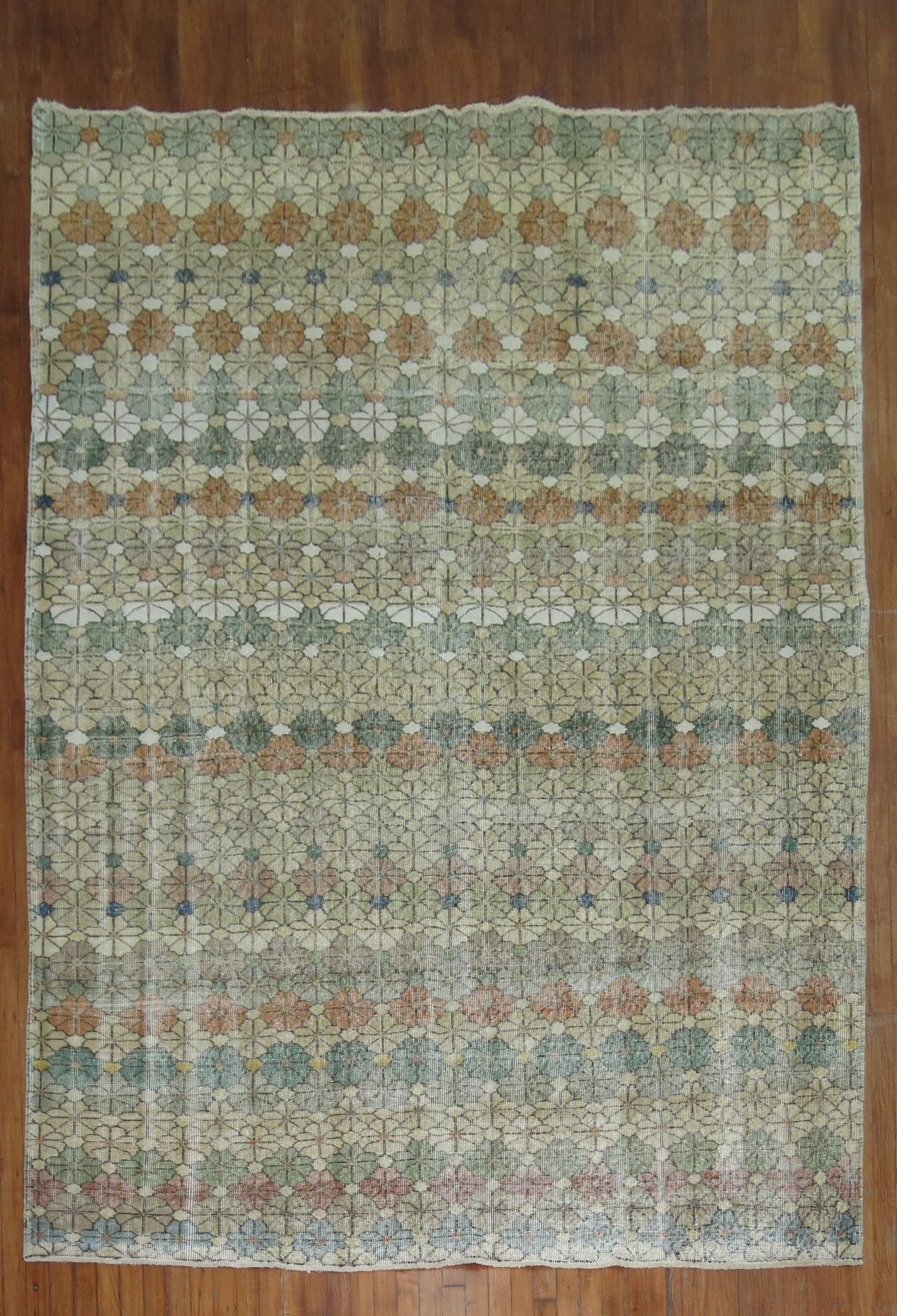 6' 11" x 10' 4" Anatolian Turkish Deco Rug: 6' 11" x 10' 4" Anatolian Turkish Deco Rug Mid 20th century worn Turkish Deco rug with an Anatolian design and shabby chic character. This pre-owned piece features a decorative patterned style suited 