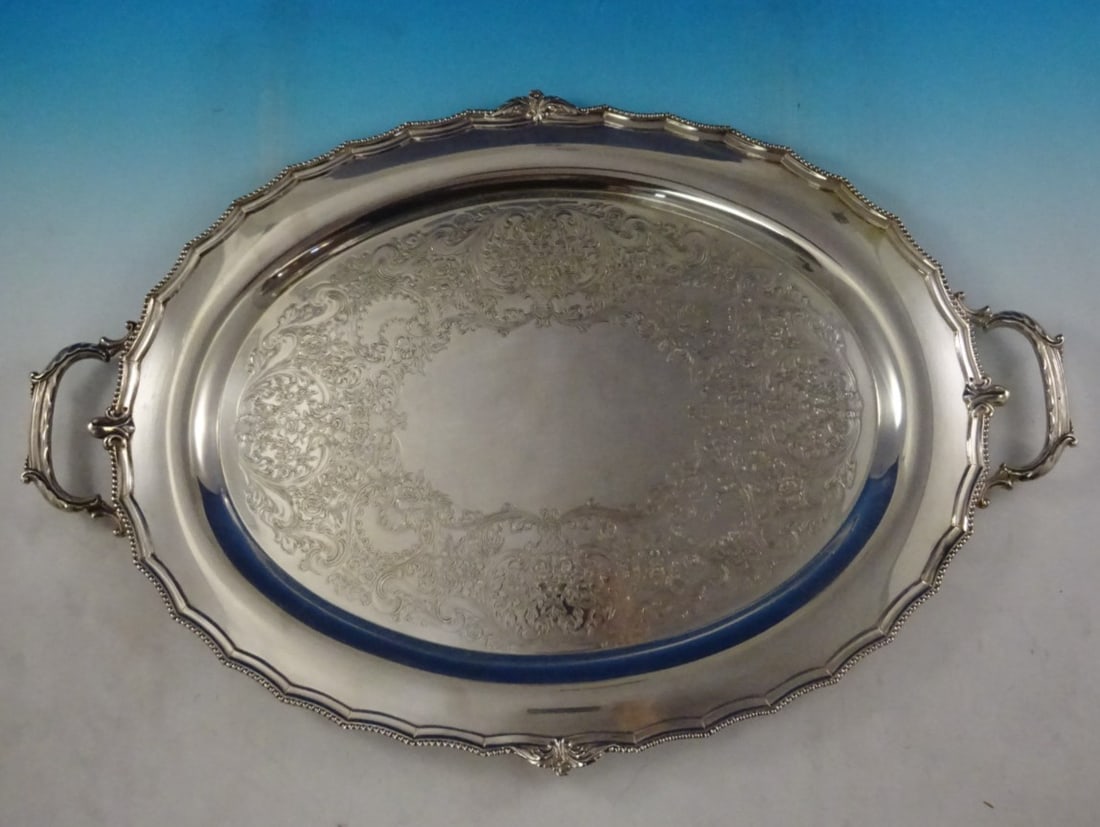 International Kenilworth Silverplate Tea Tray Beaded Etched 26 1 2 x 17 1 2 (1 of 5)