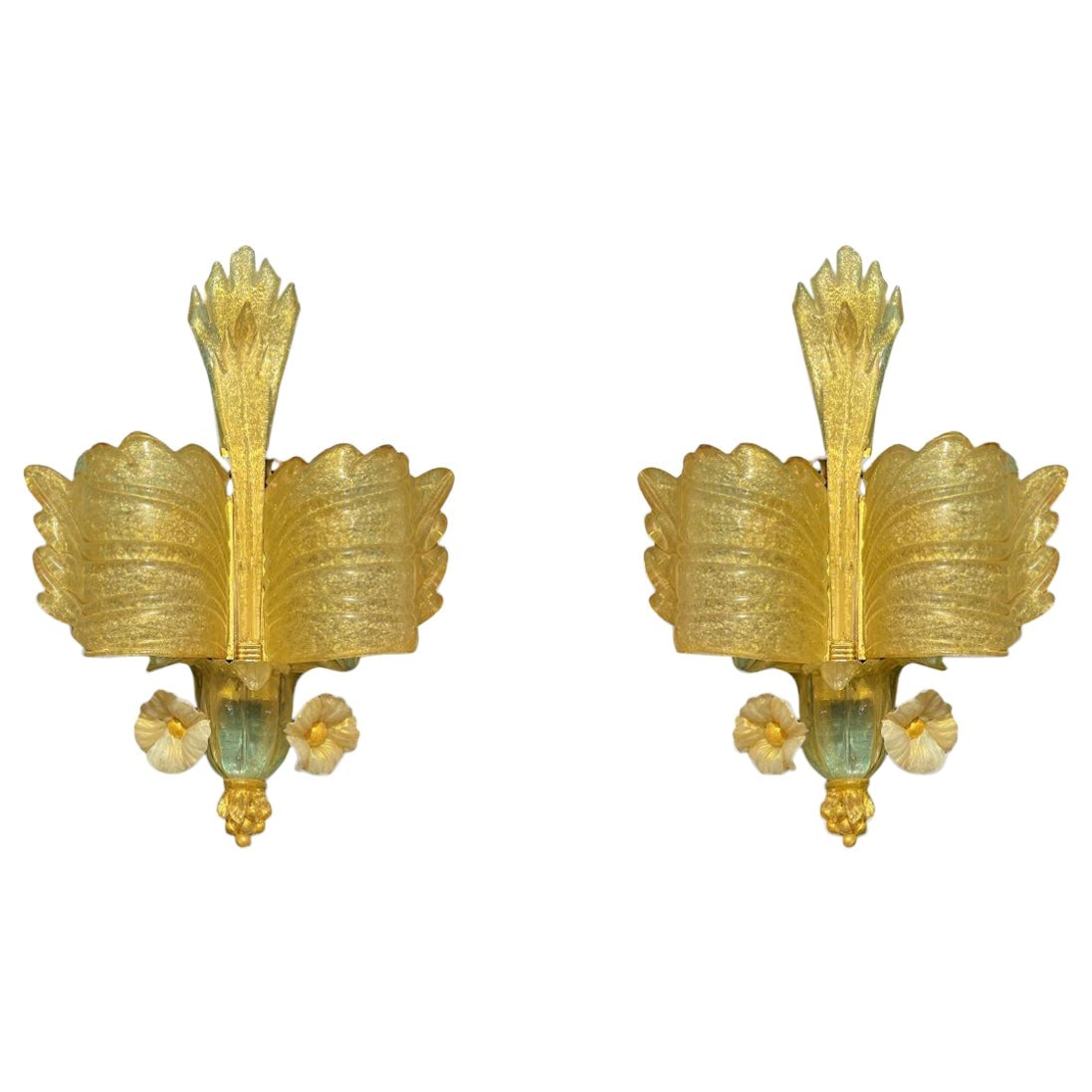 Set of Two Murano Gold Infused Glass Wall Sconces Mid-Century Italian: Set of Two Murano Gold Infused Glass Wall Sconces Mid-Century Italian This pair of mid-century Italian Murano glass sconces is attributed to Barovier & Toso. Each sconce is hand-blown from gold-infuse