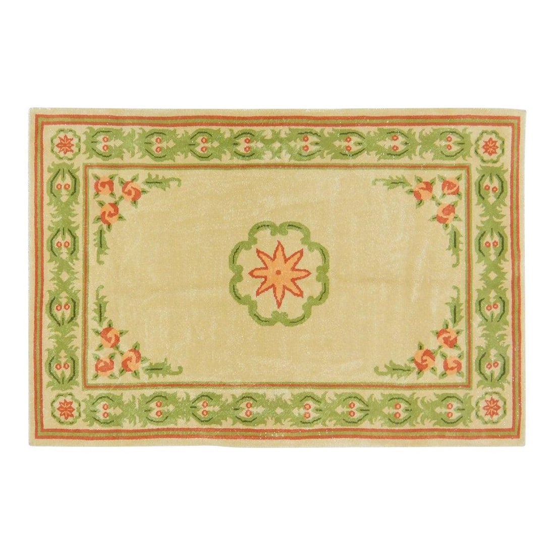 Hand-Knotted Wool Chinese Art Deco Rug Yellow 4'x5'9 Vintage: Hand-Knotted Wool Chinese Art Deco Rug Yellow 4'x5'9 Vintage This vintage Chinese Art Deco rug is hand-knotted from wool using traditional techniques, offering a blend of classic craftsmanship and mod