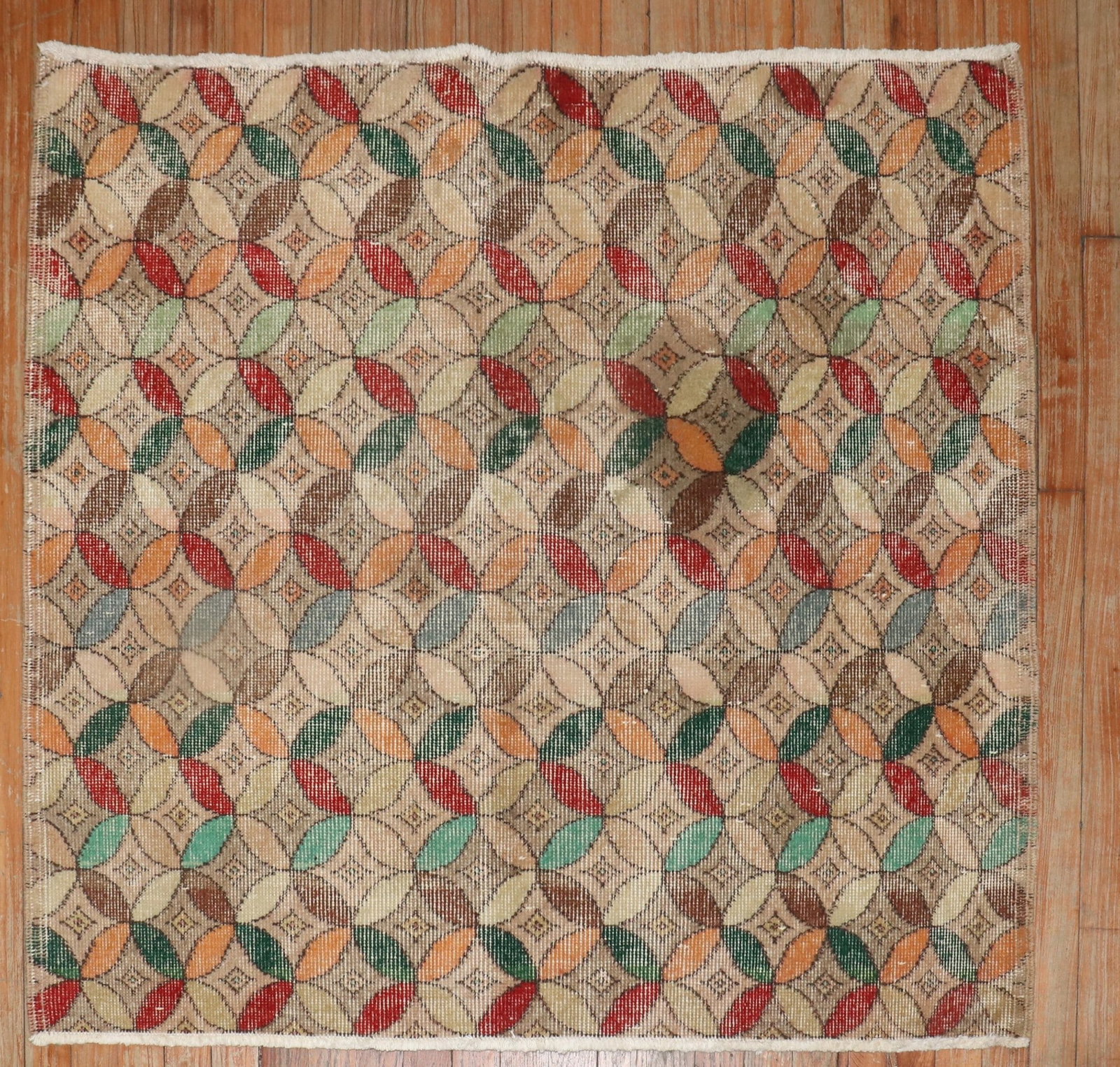 3' 7" x 4' Anatolian Turkish Deco Square Rug: 3' 7" x 4' Anatolian Turkish Deco Square Rug Mid-20th century Turkish deco rug in a square shape. This pre-owned Anatolian rug features a decorative design and is categorized as a small square rug. Sp