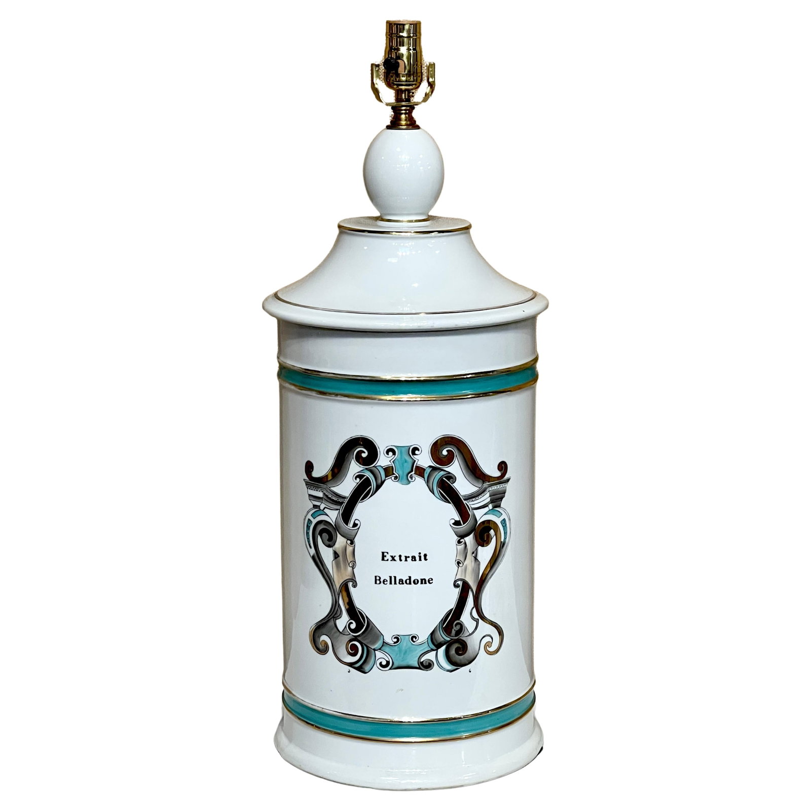 Neoclassical French Apothecary Jar Lamp 'Extrait Belladone' 27in: Neoclassical French Apothecary Jar Lamp 'Extrait Belladone' 27in This large French Old Paris Apothecary 'Extrait Belladone' jar has been artfully repurposed into a lamp, blending historical significan