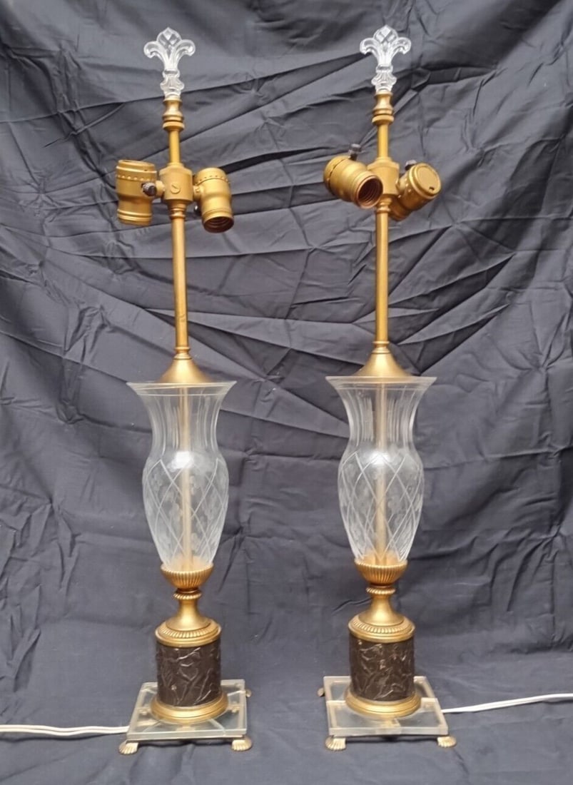 Vintage Crest Lamp Co French Empire Bronze Cut Crystal Table Lamp Pair (1 of 17)