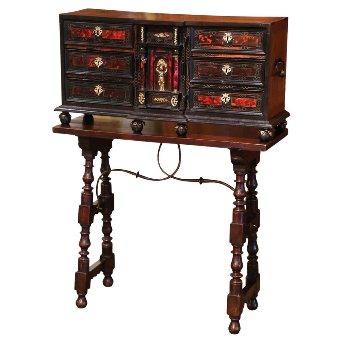 19th Century Spanish Walnut Bargueno Cabinet Set with Wrought Iron Stretcher: 19th Century Spanish Walnut Bargueno Cabinet Set with Wrought Iron Stretcher This exquisite Early 19th Century Spanish Bargueno cabinet is a stunning example of Renaissance craftsmanship, dating back 