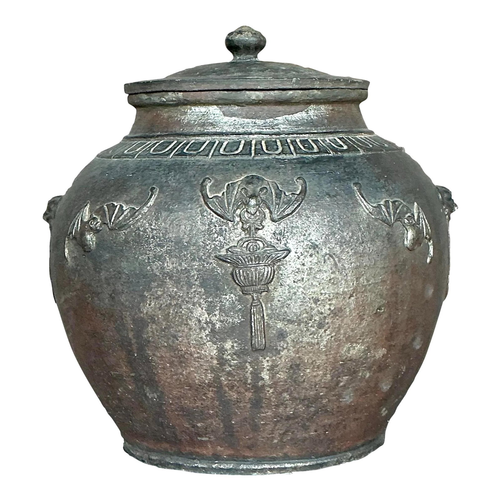 Vintage Boho Pottery Bat Wing Lidded Urn 14 x 14 x 14.75: Vintage Boho Pottery Bat Wing Lidded Urn 14 x 14 x 14.75 Enhance your living space with the Vintage Boho Bat Wing Lidded Urn. This exquisite urn features a captivating silhouette complemented by elega