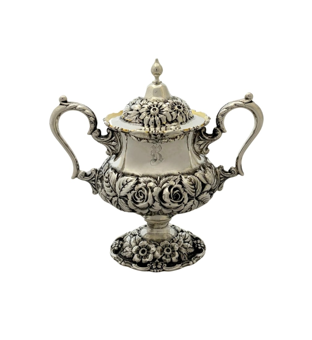 Stieff 1936 Sterling Silver Honey Dish with Rose Repousse Monogram: Stieff 1936 Sterling Silver Honey Dish with Rose Repousse Monogram This antique 1936 honey dish is crafted from .925 sterling silver by Stieff in the United States. It features intricate handmade chas