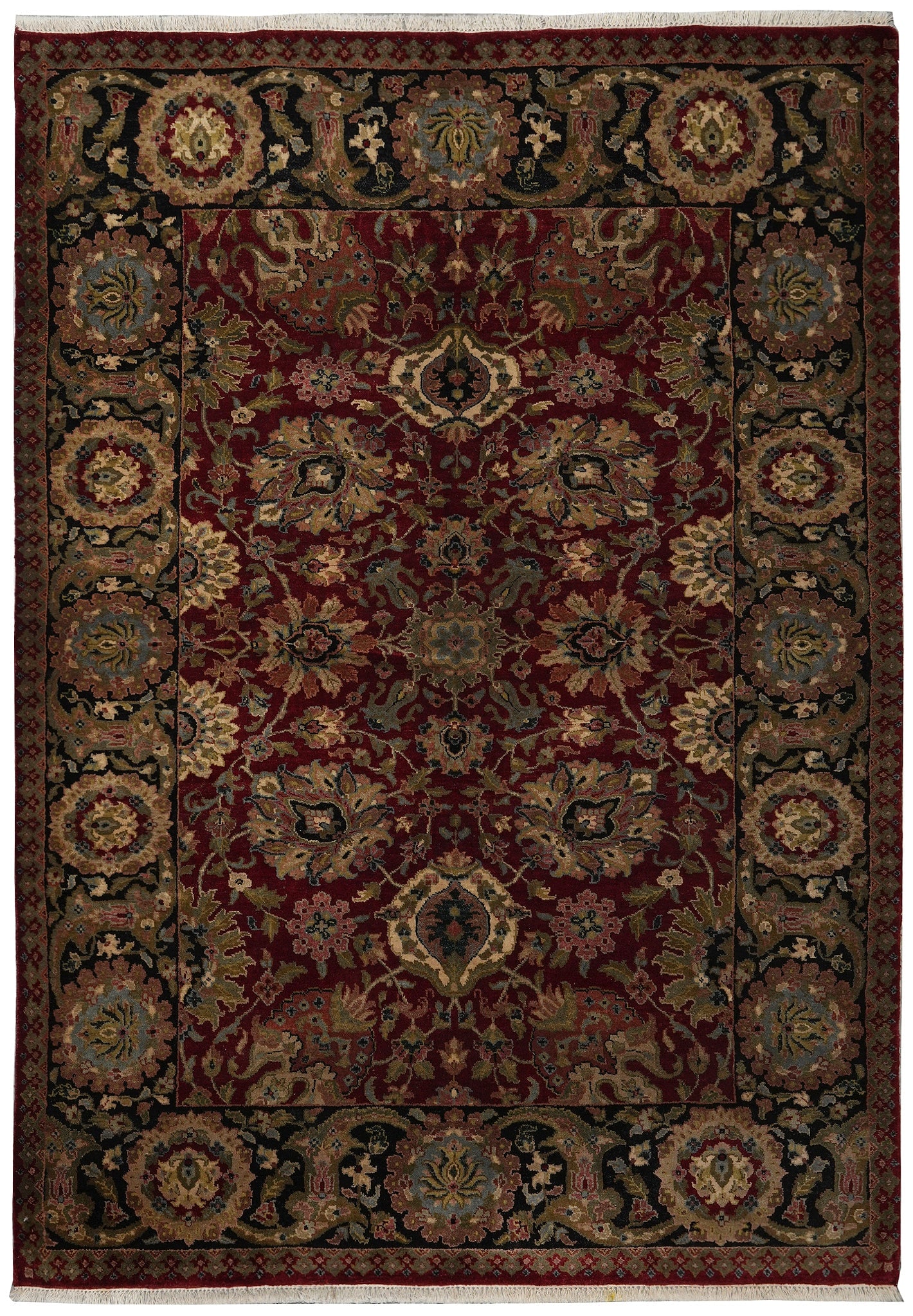 6.5 x 8.6 Jaipur Hand-Knotted Wool Rug Red Black India: 6.5 x 8.6 Jaipur Hand-Knotted Wool Rug Red Black India Free continental US Shipping Hand-knotted Jaipur rug in a traditional design with burgundy and black tones. This un-used area rug features an int