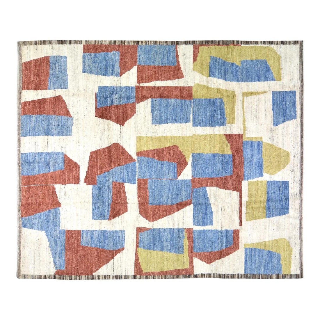 Tan Wool Area Rug Hand Knotted Moroccan Style 8'3" x 9'10": Tan Wool Area Rug Hand Knotted Moroccan Style 8'3" x 9'10" This Moroccan hand-knotted wool rug showcases traditional craftsmanship with a modern design sensibility. Made from wool, it offers a soft fe