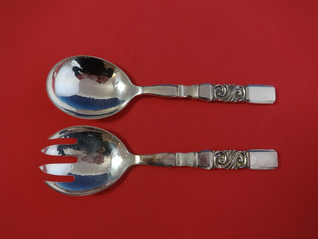 Georg Jensen Scroll Sterling Silver Salad Serving Set 2pc 8 1/8": Georg Jensen Scroll Sterling Silver Salad Serving Set 2pc 8 1/8" Elevate your dining experience with this exquisite 2-piece salad serving set from Georg Jensen, crafted from high-quality sterling silv