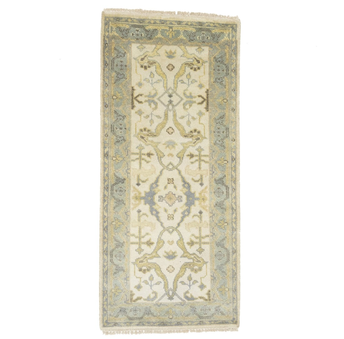 2'7 x 5'9 Wool Area Rug Hand-Knotted Floral Oushak Style from India: 2'7 x 5'9 Wool Area Rug Hand-Knotted Floral Oushak Style from India This hand-knotted Oushak rug features a floral design in muted tones of cream, pastel gray, pastel yellow, and brown. Crafted from w