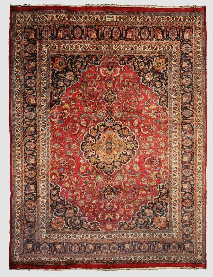 1980s Hand-Knotted Persian Mashad Rug 9.9' x 12.6' Signed Burgundy: 1980s Hand-Knotted Persian Mashad Rug 9.9' x 12.6' Signed Burgundy Free continental US Shipping Experience the elegance of this authentic hand-knotted Persian Mashad rug, crafted in the 1980s by skill