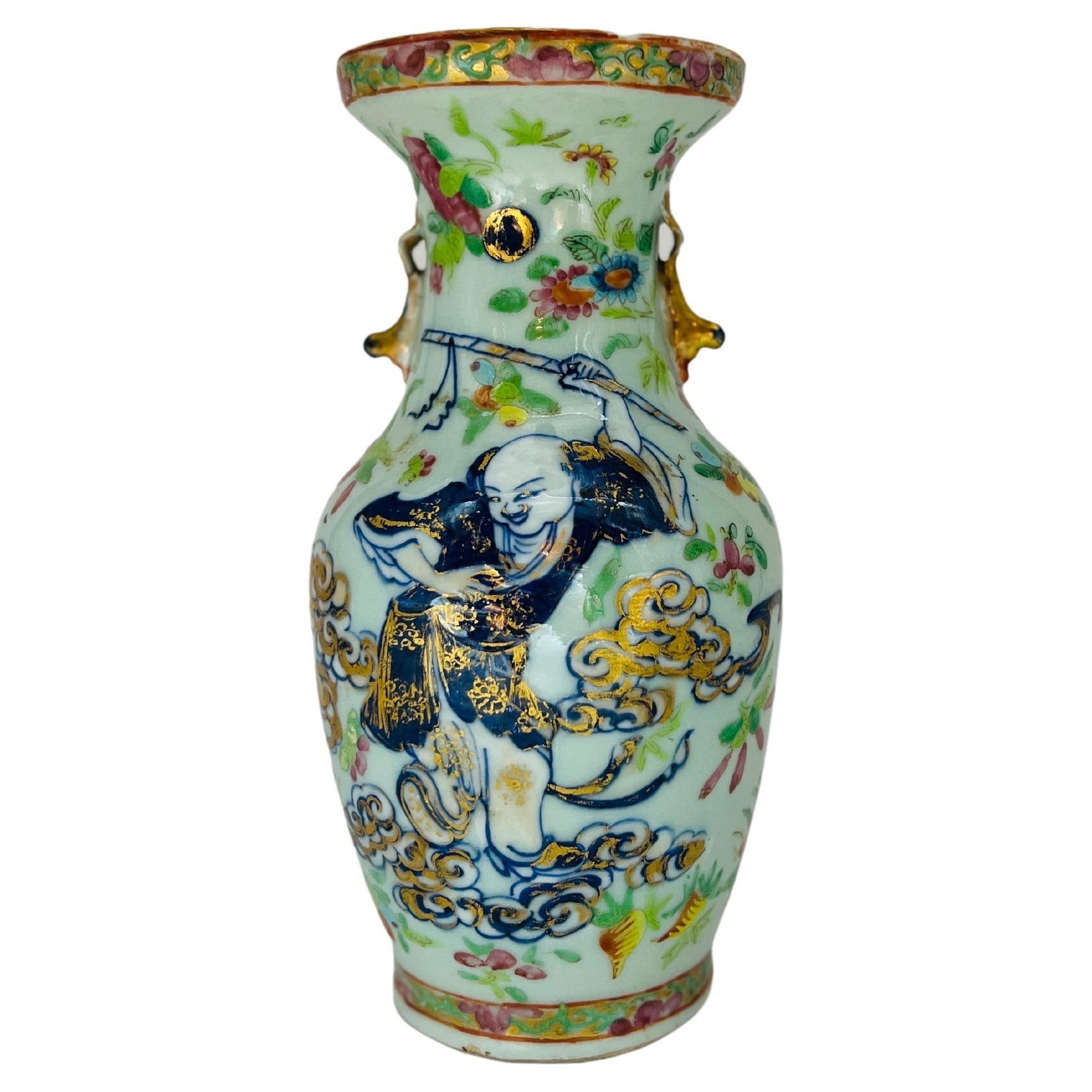 19th Century Chinese Famille Rose Medallion Celadon Vase: 19th Century Chinese Famille Rose Medallion Celadon Vase This striking 19th century Chinese vase showcases a traditional form with a celadon glaze and is beautifully adorned with a famille rose medall
