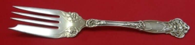 Wallace Carnation Sterling Silver Cold Meat Fork 8.5 Inches Monogrammed: Wallace Carnation Sterling Silver Cold Meat Fork 8.5 Inches Monogrammed This exquisite serving fork, crafted in sterling silver, features the elegant Carnation pattern by Wallace. Measuring 8 1/2 inch
