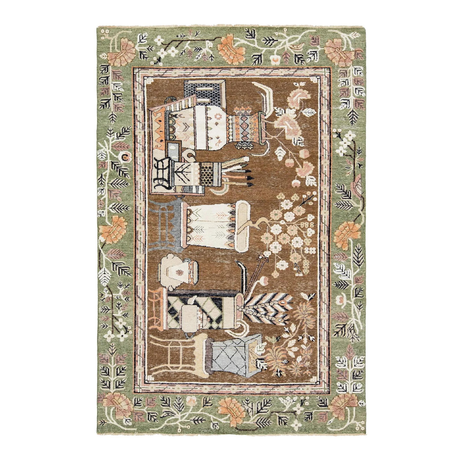 Handmade Brown Samarkand Wool Rug with Pictorial Design 6'1 x 9'2: Handmade Brown Samarkand Wool Rug with Pictorial Design 6'1 x 9'2 Enhance your space with this stunning modern Samarkand hand-knotted wool rug. Featuring a rich brown field contrasted by a vibrant gre