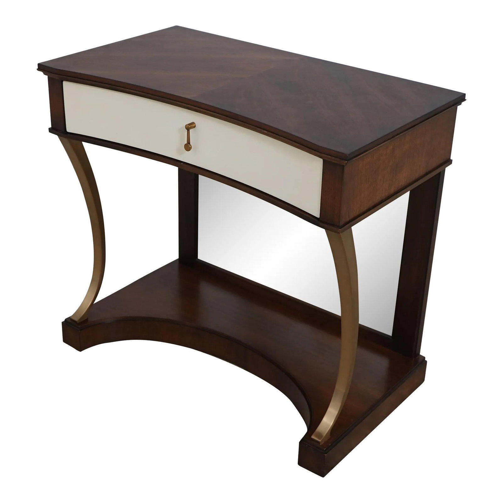 Century Modern Walnut Nightstand Hall Table Model 499-222: Century Modern Walnut Nightstand Hall Table Model 499-222 This stylish Century Modern Design Mirror Back Nightstand Hall Table features a stunning walnut finish with an 'aged' mirror back. It is desig