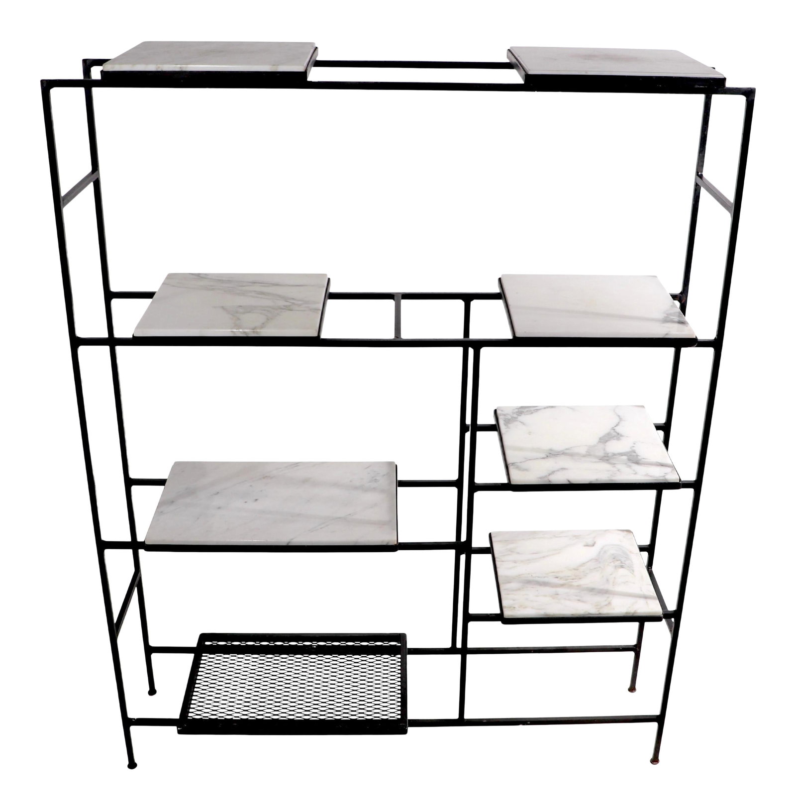 Mid Century Iron and Marble Shelf Unit Attributed to Weinberg: Mid Century Iron and Marble Shelf Unit Attributed to Weinberg Discover this unique mid-century shelf unit featuring a sturdy iron frame complemented by elegant marble and metal mesh shelves. The desig