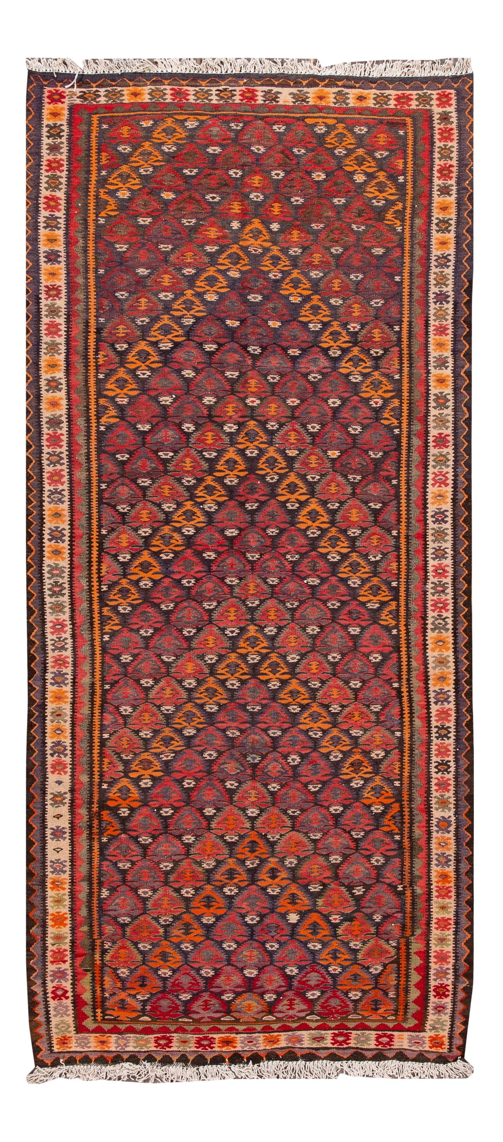 Mid-Century Kilim Rug Red Geometric Design 4'5" x 10': Mid-Century Kilim Rug Red Geometric Design 4'5" x 10' This stunning hand-woven vintage kilim rug features a vibrant red field adorned with multi-color accents, showcasing an intricate all-over geometr