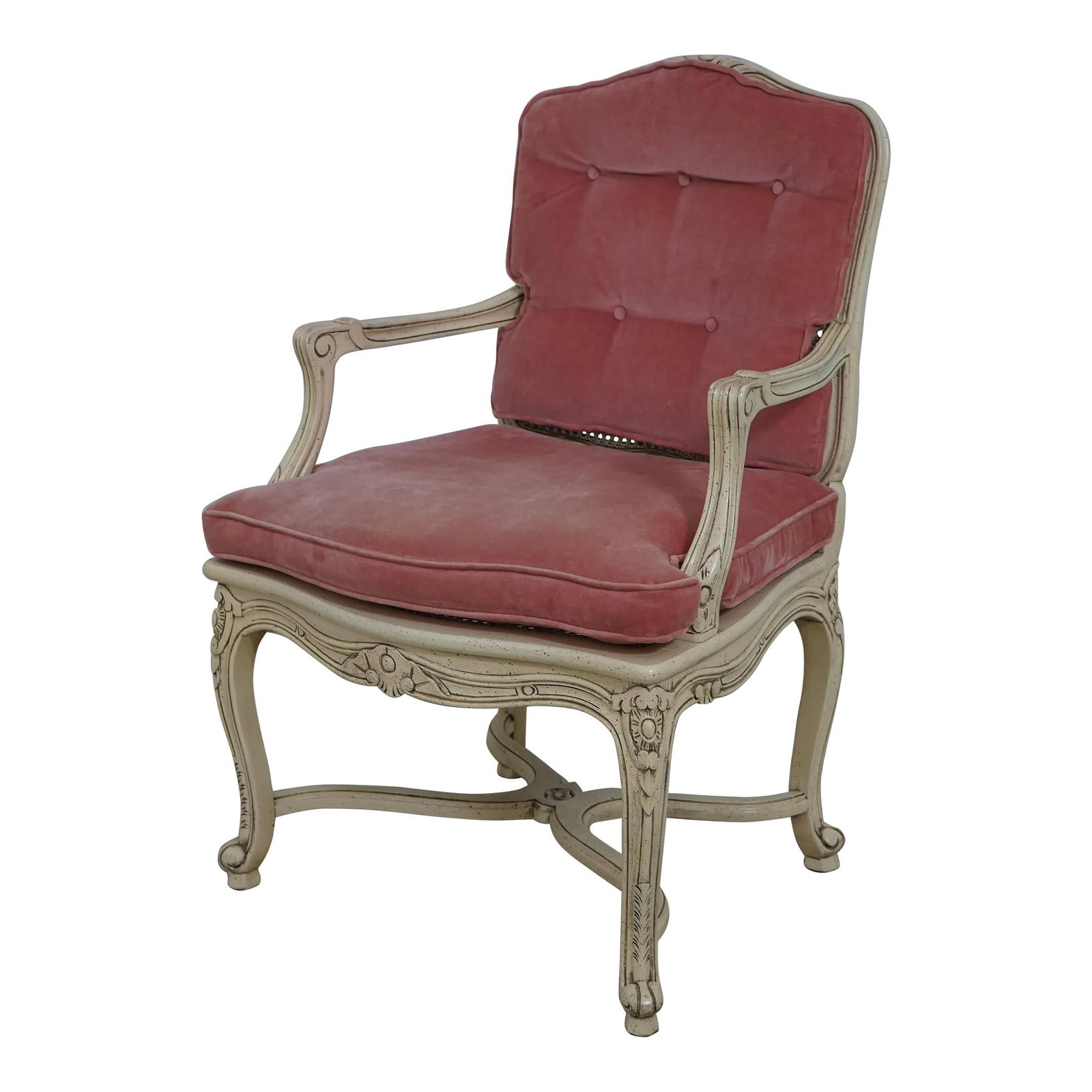 Vintage French Style Cane Back Armchair Off-White Painted Finish: Vintage French Style Cane Back Armchair Off-White Painted Finish This exquisite French style armchair features a beautiful cane back and seat, showcasing a classic 18th-century design. Crafted with qu